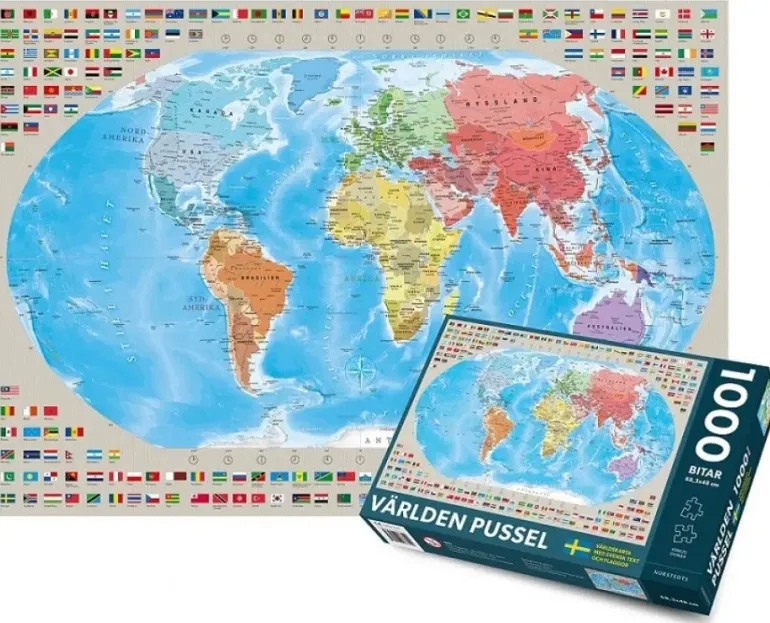 Kartförlaget: Världskarta med svensk text och flaggor (1000)